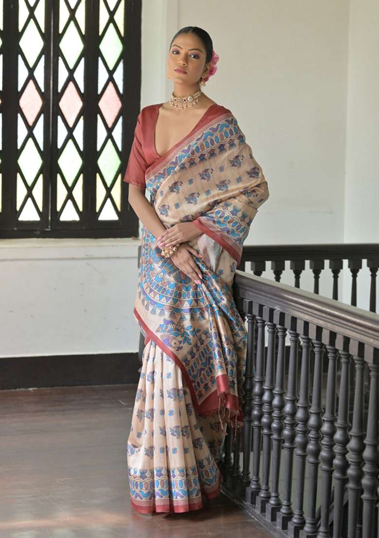 Red Solid Soft Tussar Silk Saree Set for Diwali and Festive Wear - Indya