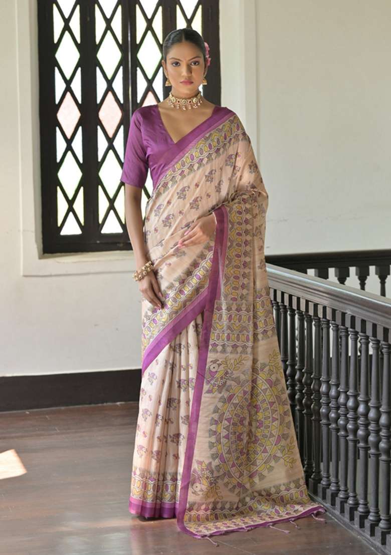 Wine Solid Soft Tussar Silk Saree Set for Diwali and Festive Wear - Indya