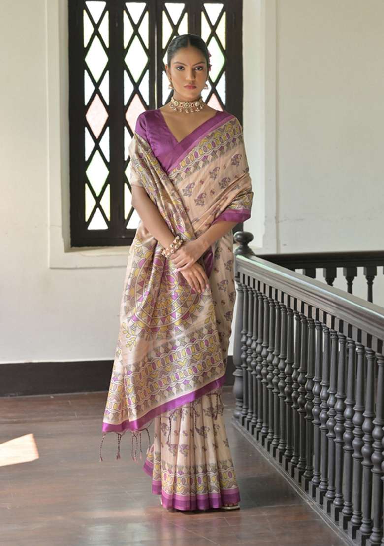 Wine Solid Soft Tussar Silk Saree Set for Diwali and Festive Wear - Indya