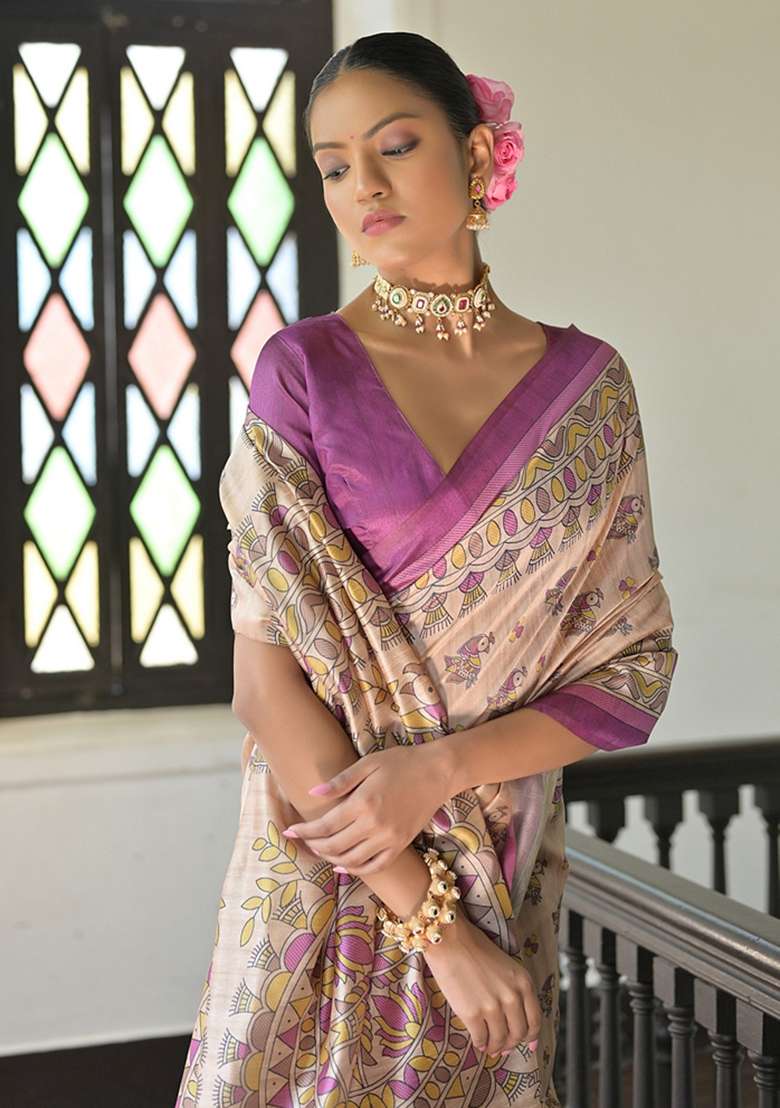 Wine Solid Soft Tussar Silk Saree Set for Diwali and Festive Wear - Indya