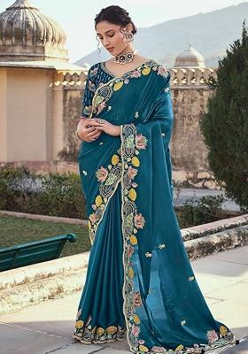 Teal Sequin Thread Embroidered Jimmy Choo Silk Saree Set