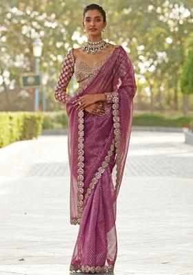 Pink Sequin Thread Embroidered Faux Georgette Saree Set