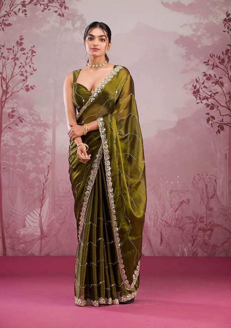 Olive Green Sequin Thread Embroidered Jimmy Choo Silk Saree Set - Indya