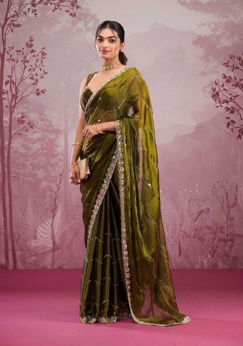 Olive Green Sequin Thread Embroidered Jimmy Choo Silk Saree Set - Indya