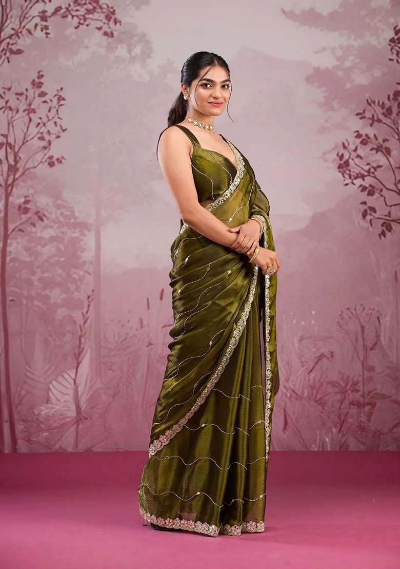 Olive Green Sequin Thread Embroidered Jimmy Choo Silk Saree Set - Indya