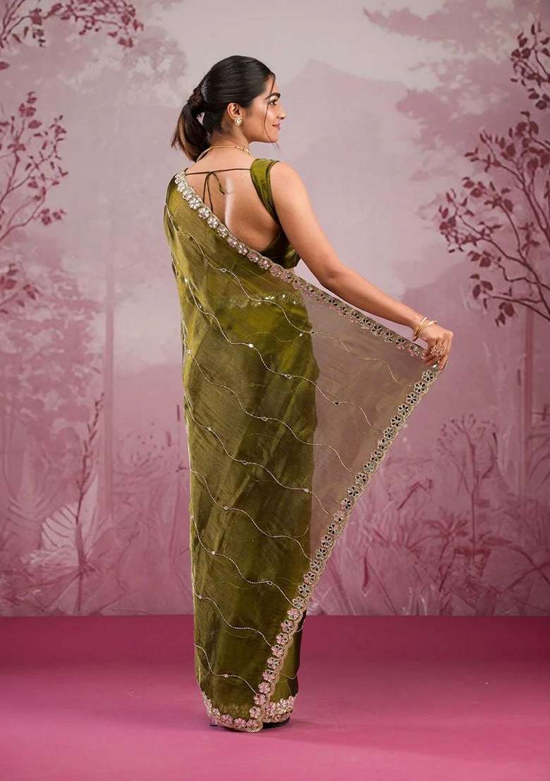 Olive Green Sequin Thread Embroidered Jimmy Choo Silk Saree Set - Indya