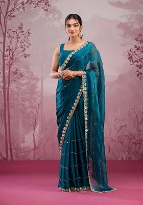 Teal Sequin Thread Embroidered Jimmy Choo Silk Saree Set