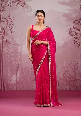 Pink Sequin Thread Embroidered Jimmy Choo Silk Saree Set