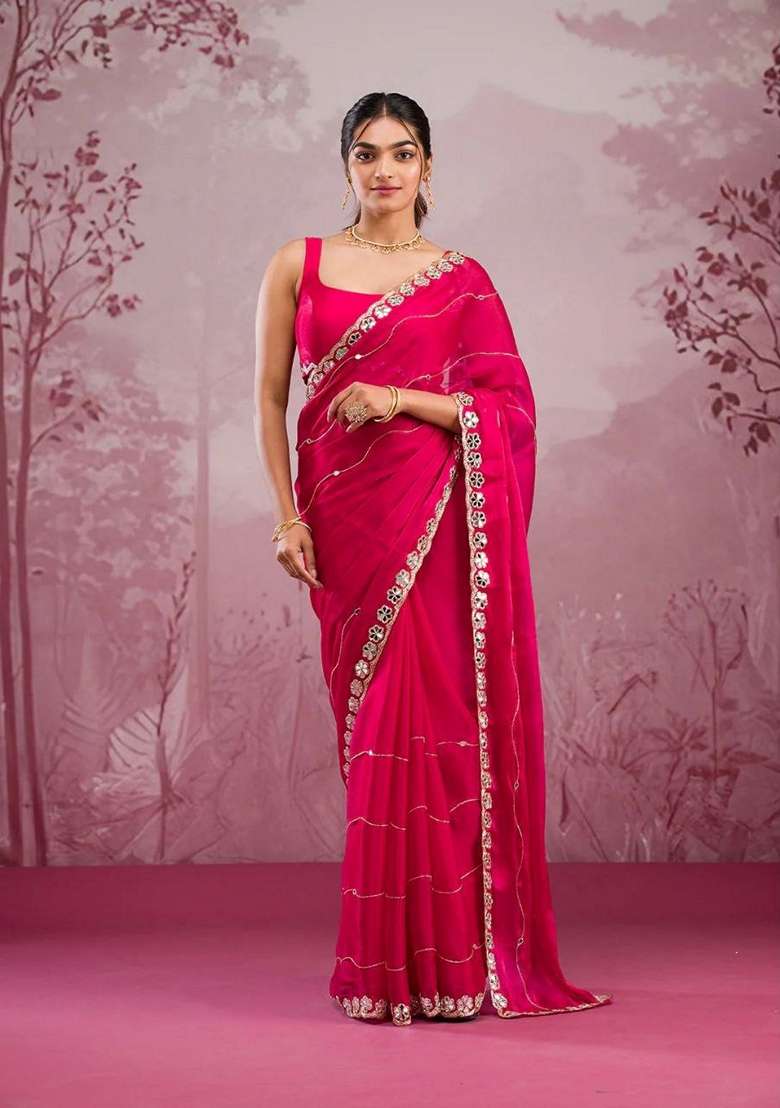 Pink Sequin Thread Embroidered Jimmy Choo Silk Saree Set - Indya