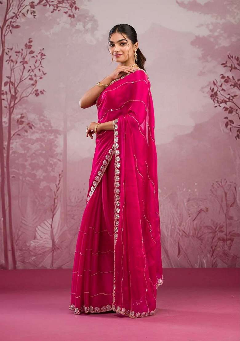Pink Sequin Thread Embroidered Jimmy Choo Silk Saree Set - Indya