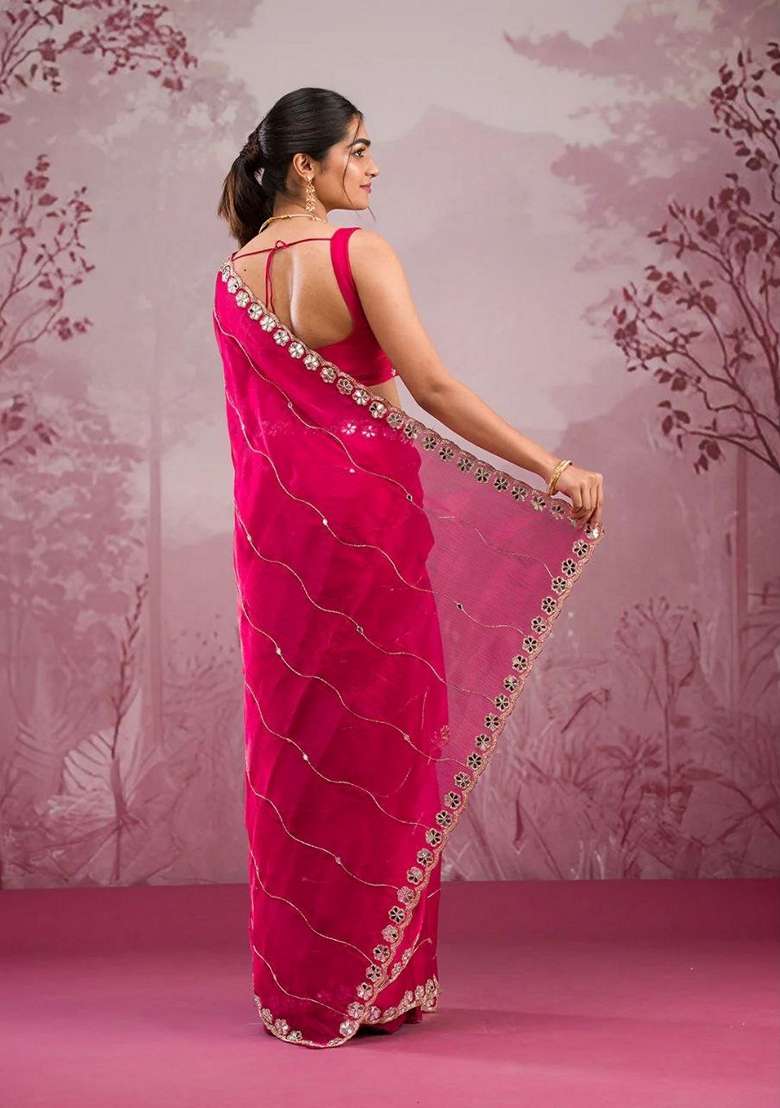 Pink Sequin Thread Embroidered Jimmy Choo Silk Saree Set - Indya