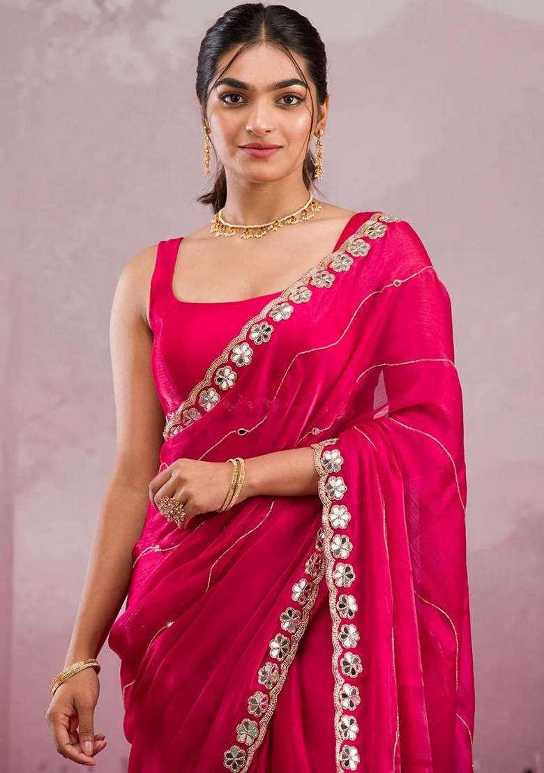 Pink Sequin Thread Embroidered Jimmy Choo Silk Saree Set - Indya