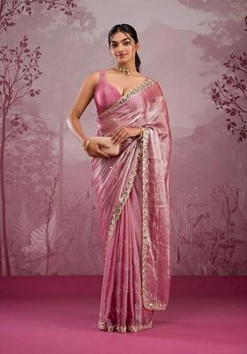 Peach Sequin Thread Embroidered Jimmy Choo Silk Saree Set