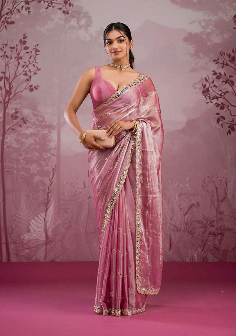Peach Sequin Thread Embroidered Jimmy Choo Silk Saree Set - Indya