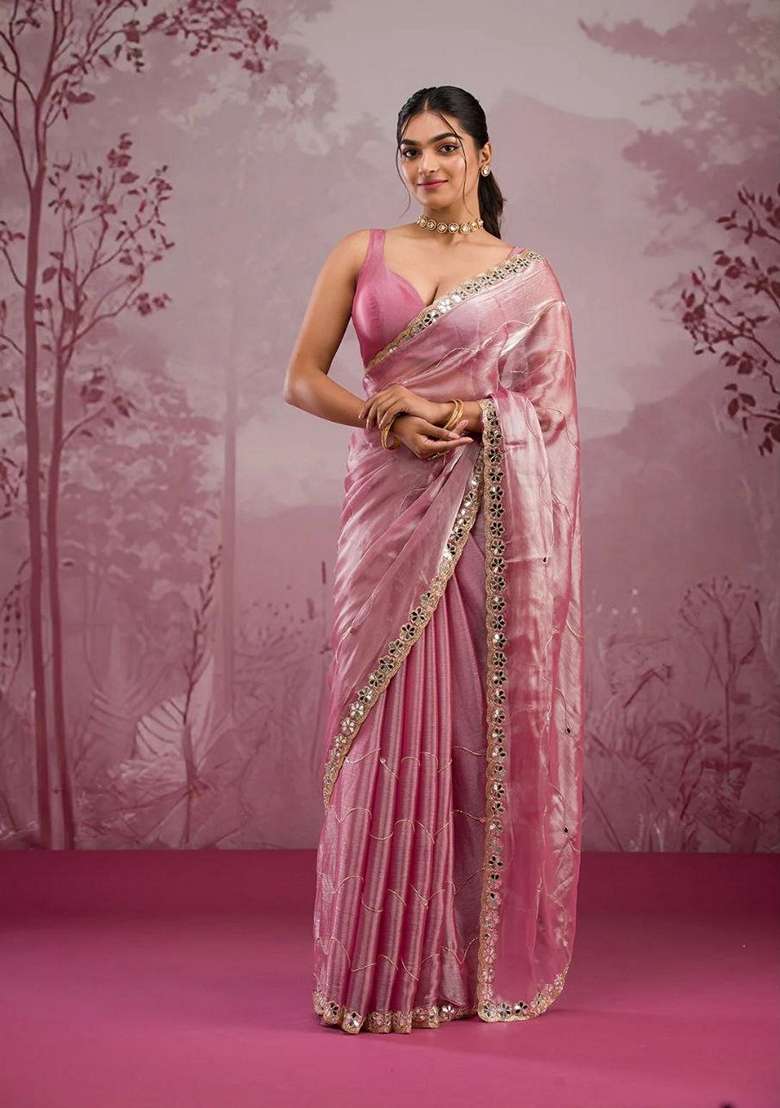 Peach Sequin Thread Embroidered Jimmy Choo Silk Saree Set - Indya