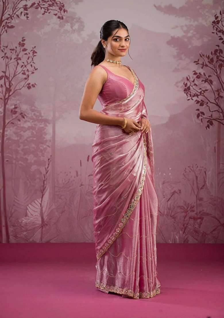 Peach Sequin Thread Embroidered Jimmy Choo Silk Saree Set - Indya