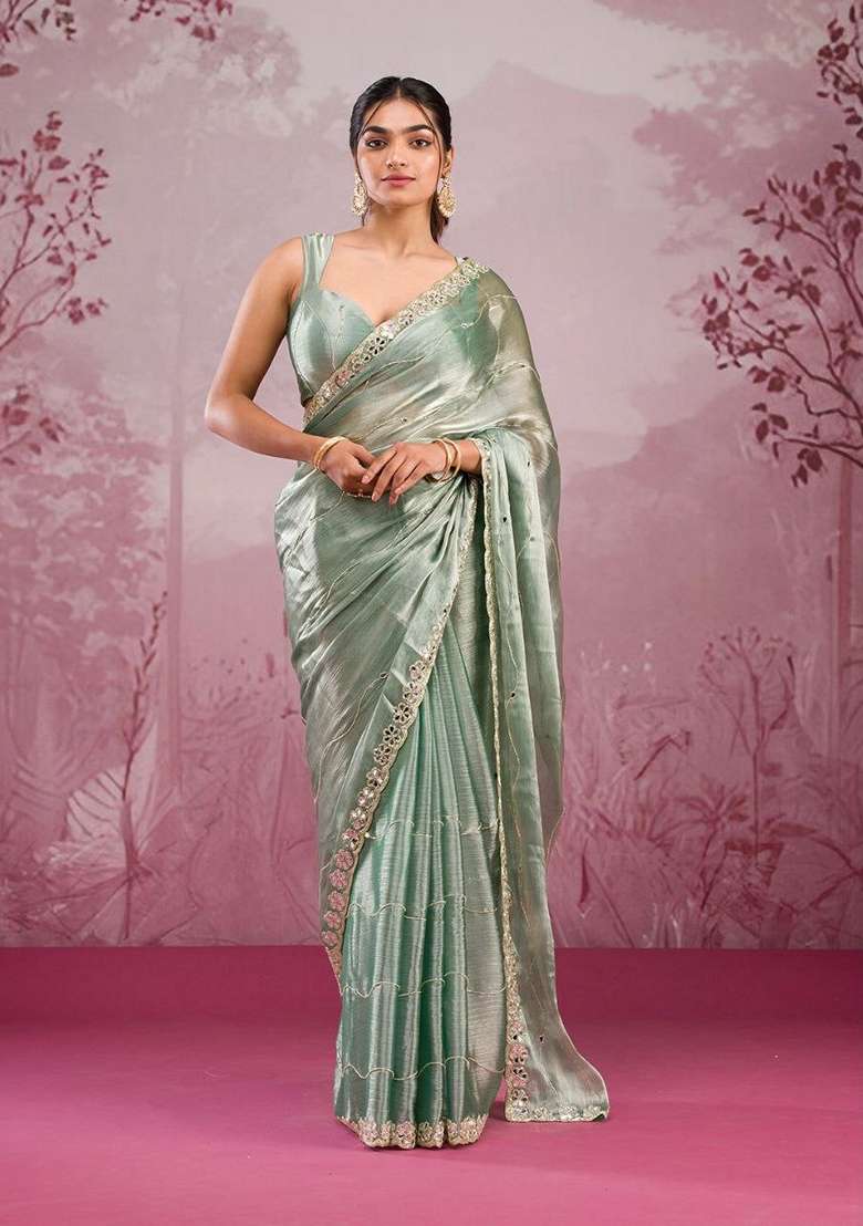 Pista Green Sequin Thread Embroidered Jimmy Choo Silk Saree Set - Indya