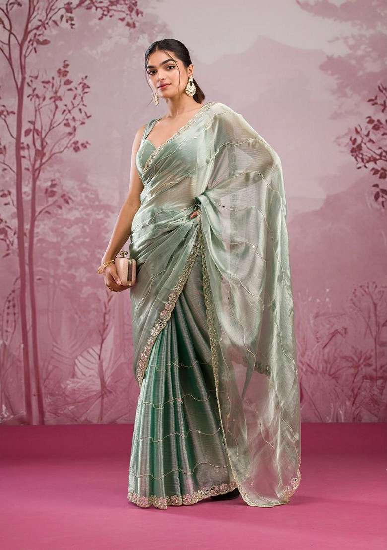 Pista Green Sequin Thread Embroidered Jimmy Choo Silk Saree Set - Indya