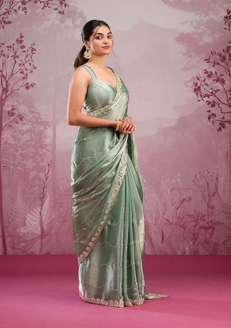 Pista Green Sequin Thread Embroidered Jimmy Choo Silk Saree Set - Indya