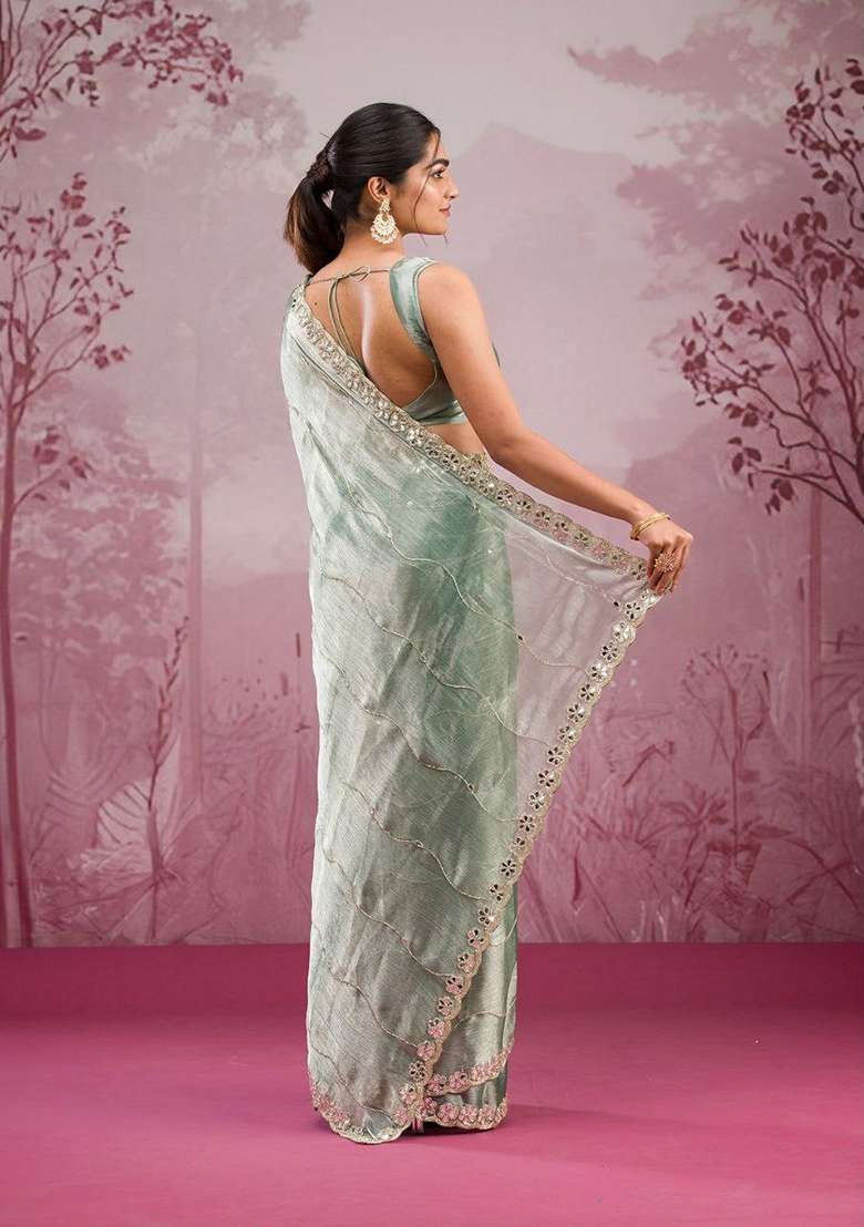 Pista Green Sequin Thread Embroidered Jimmy Choo Silk Saree Set - Indya