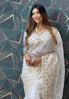White Sequin Thread Embroidered Khadi Organza Saree Set