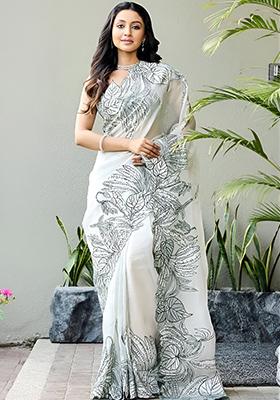 White Embroidered Linen Saree Set