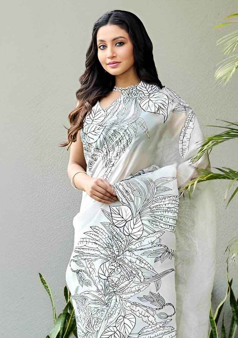 White Embroidered Linen Saree Set