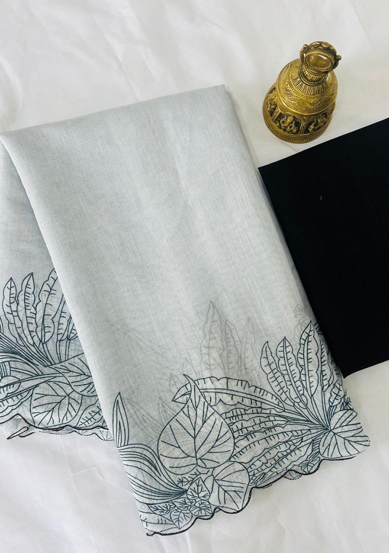 White Embroidered Linen Saree Set