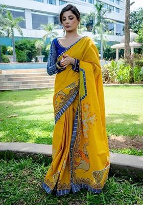 Yellow Embroidered Linen Saree Set