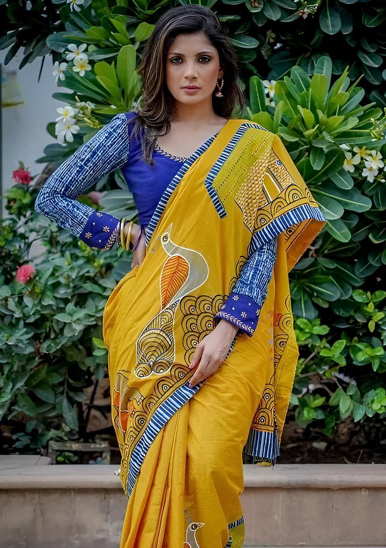 Yellow Embroidered Linen Saree Set