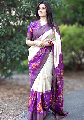 White Embroidered Linen Saree Set