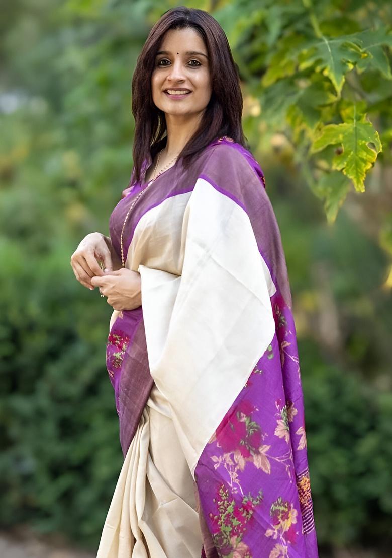 White Embroidered Linen Saree Set