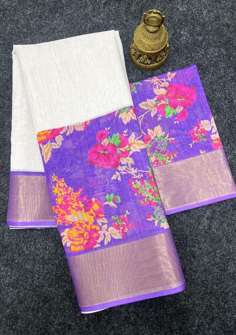 White Embroidered Linen Saree Set