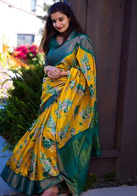 Yellow Embroidered Linen Saree Set