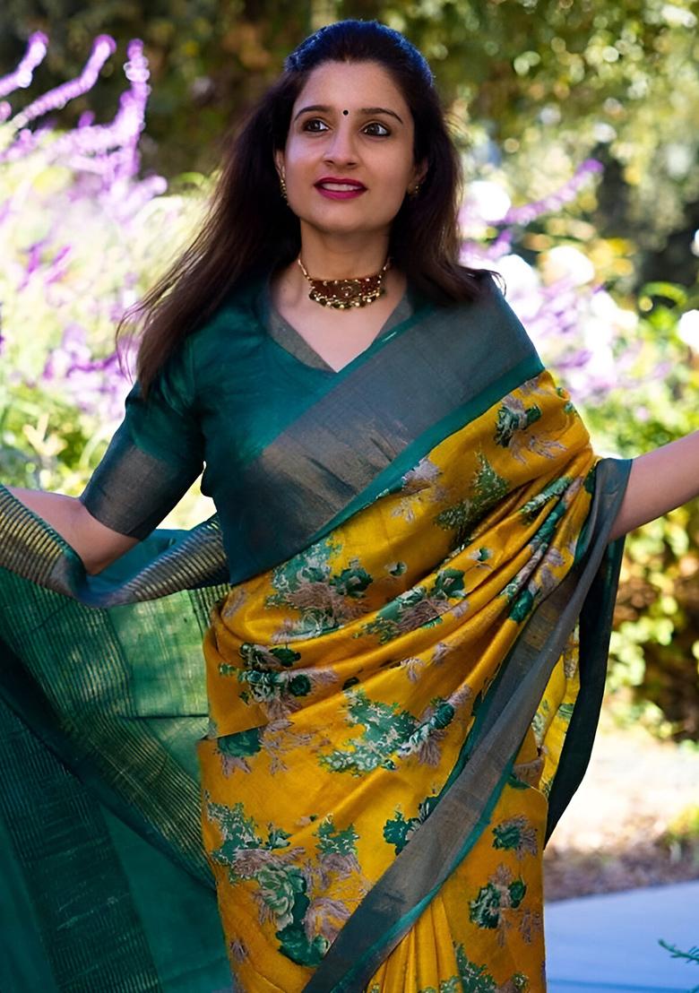Yellow Embroidered Linen Saree Set