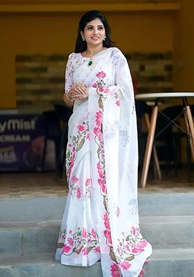 White Embroidered Linen Saree Set