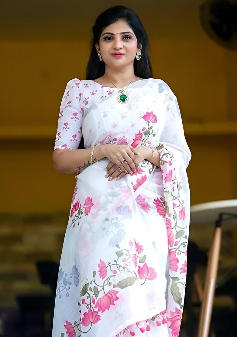 White Embroidered Linen Saree Set