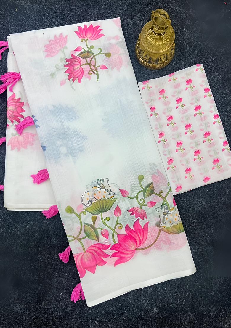 White Embroidered Linen Saree Set