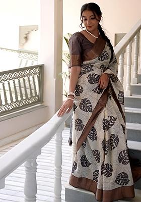 Off White Embroidered Linen Saree Set