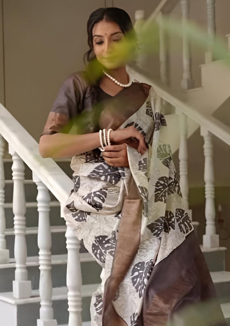 Off White Embroidered Linen Saree Set