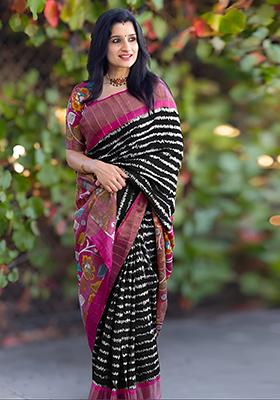 Black Embroidered Linen Saree Set