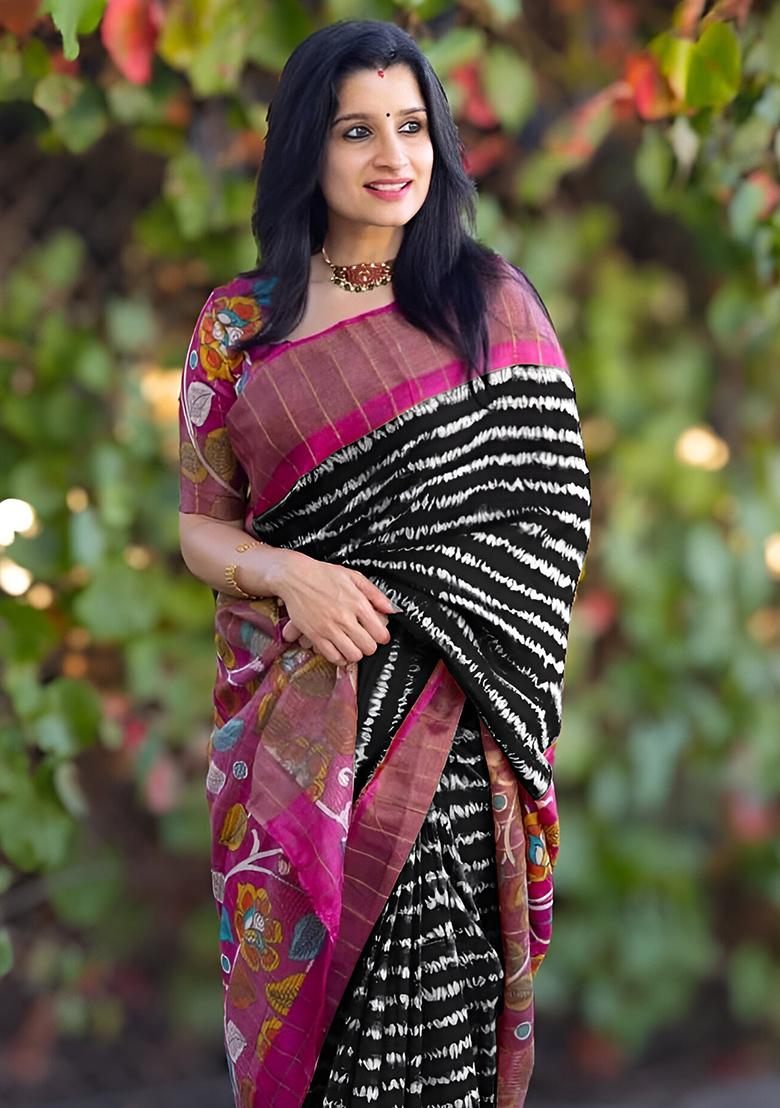 Black Embroidered Linen Saree Set