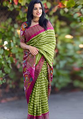 Green Embroidered Linen Saree Set