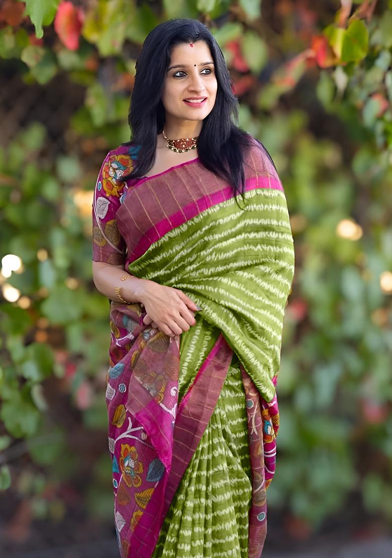 Green Embroidered Linen Saree Set