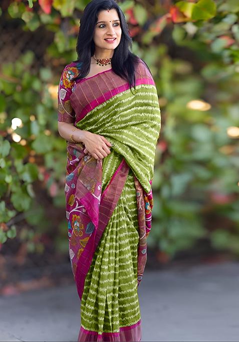 Green Embroidered Linen Saree Set