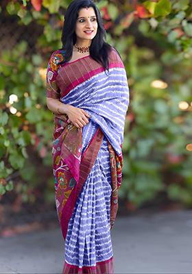 Light Blue Embroidered Linen Saree Set