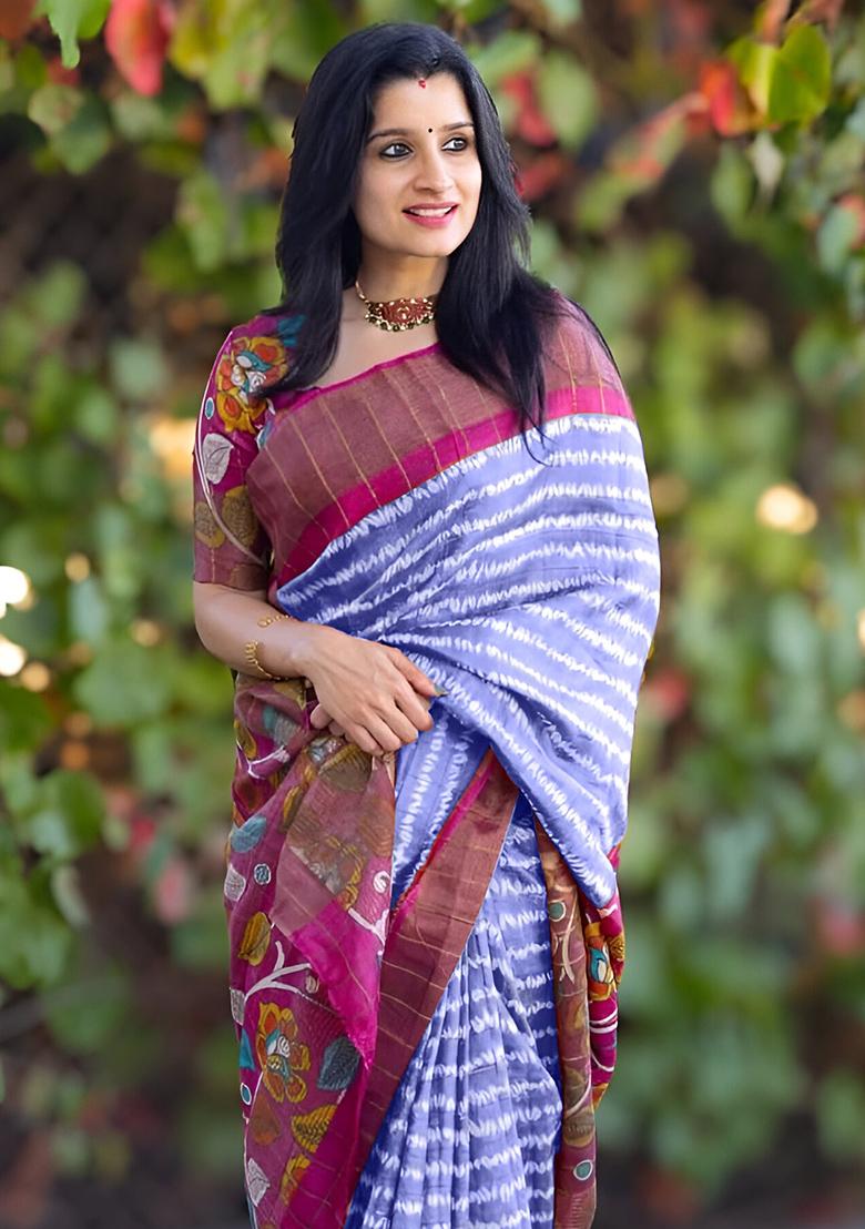 Light Blue Embroidered Linen Saree Set