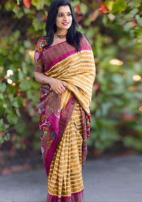 Mustard Yellow Embroidered Linen Saree Set
