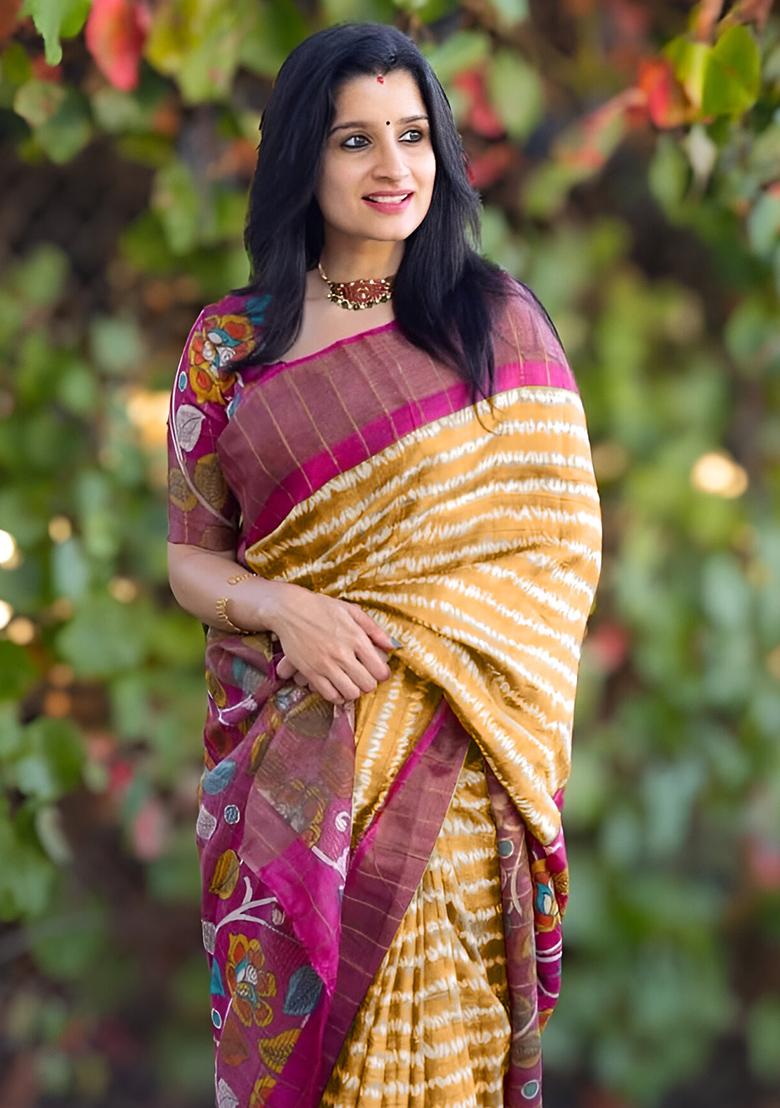 Mustard Yellow Embroidered Linen Saree Set