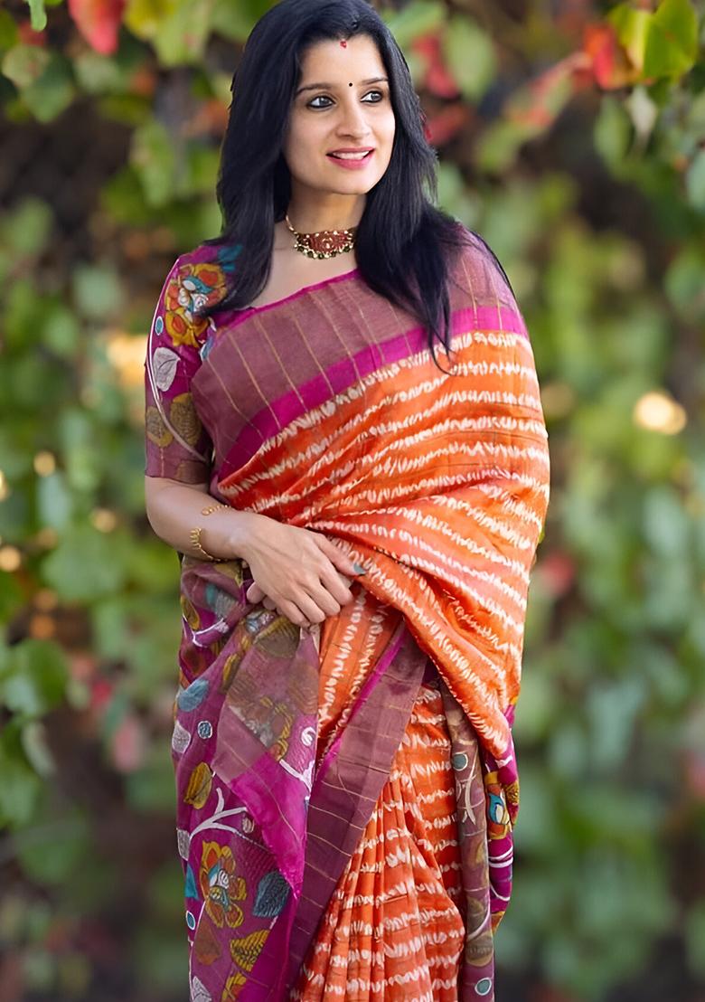 Orange Embroidered Linen Saree Set